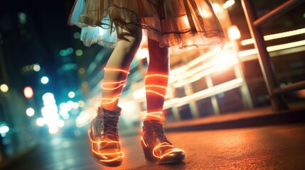 Cyberpunk city and futuristic shoes, bright neon colors and creative long exposure light painting streaks, only the coolest fashion hipsters walks these busy street at night.  - obrazy, fototapety, plakaty
