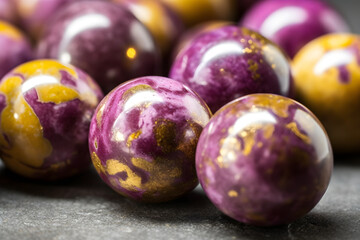 Fototapeta na wymiar Purple and gold marble balls on a dark background, 3d render, luxury wall tiles texture
