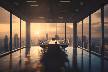 Conference hall. Modern office with windows and city views. Top floor of a skyscraper - obrazy, fototapety, plakaty