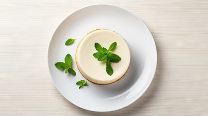  a white plate topped with a cheesecake covered in green leaves.  generative ai
