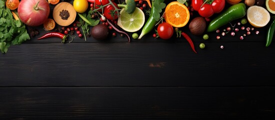 Abundant fresh produce and spices on a black wooden background Space for text Overhead perspective...