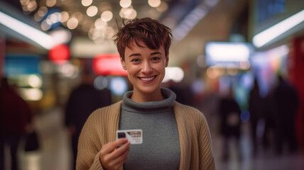 Woman happy expression wearing sweater holding credit card shopping mall background.generative ai - obrazy, fototapety, plakaty