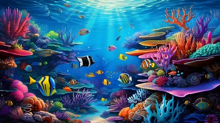 Fototapeta na wymiar Underwater scene with coral reef and fish - illustration for children.