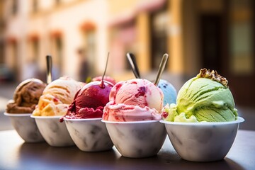 An evocative photograph that brings into focus the intricate swirls and rich flavors of Gelato, set against the lively backdrop of an Italian gelateria. The blurred visions of a sunlit Roman piazza - obrazy, fototapety, plakaty