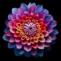 colorful dahlia on a black background with reflection. macro