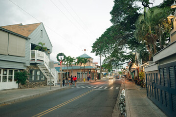 LAHAINA, HI - dec 2020: Old Lahaina storefronts on the Lahaina, Maui waterfront.