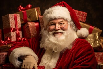 Radiant Santa Amidst Vibrant Gifts: A Symbol of Holiday Generosity and Cheer