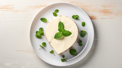  a white plate topped with a cheesecake covered in green leaves.  generative ai