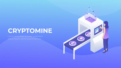 Cryptomine technology concept. Crypto currency blockchain isometry. Bitcoin mining farm 3d vector.
