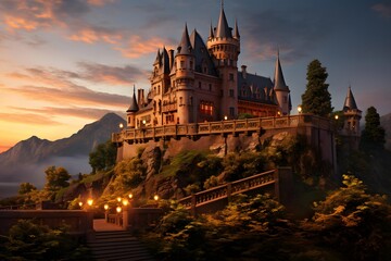 Beautiful panorama of a castle in the mountains at sunset. - obrazy, fototapety, plakaty