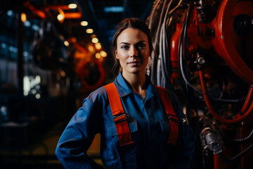 A portrait of an industrial woman engineer standing in a factory