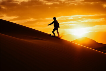 Boy sand surfing in the desert sand dunes