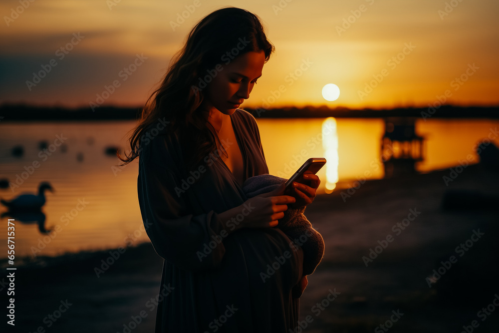 Wall mural Mother using phone while carrying baby