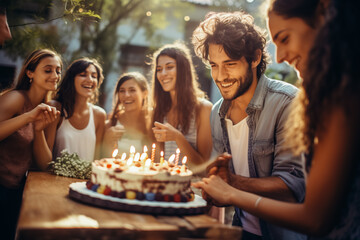 Group of people with birthday cake at a party outdoors smiling