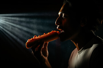 Man eating hotdog - obrazy, fototapety, plakaty