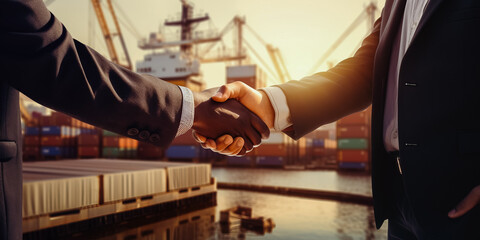Multiracial Workers doing hand shake while having a discussion in the port