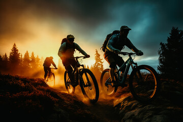 Obraz premium mountain bikers riding on forest trail