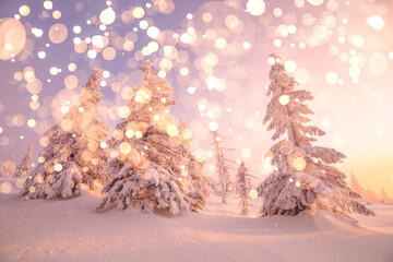Winter mountain landscape with snowflakes