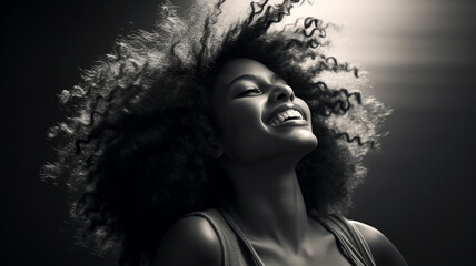 Portrait of a black, curly-haired woman with a big smile and joyous expression, with fluffy curly hair