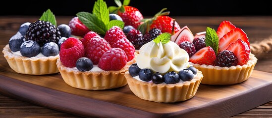 Assorted fruit and berry tartlets with fresh raspberry blueberry and cheese cream on a wooden tray closeup French bakery dessert catering with copyspace for text