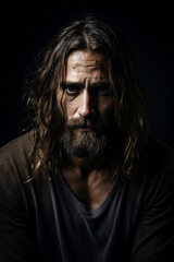 Fototapeta premium Portrait of a sad man with long hair and a beard in a studio