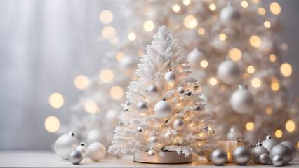 White Christmas tree on a background of bokeh lights and baubles