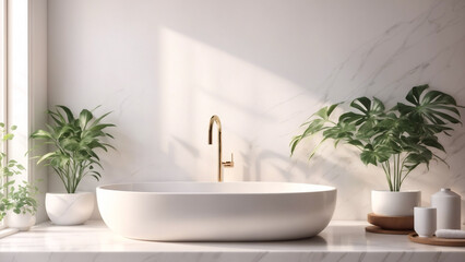 Bathroom interior features white sink and plants. Marble table wall, 3d rendering, Sunlight