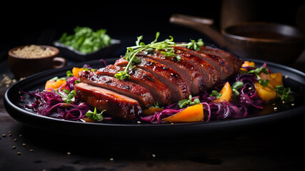 "Gourmet-Verführung: Zartrosa Entenbrust mit karamellisierter Honig-Glasur und farbenfrohem Rotkohl – Ein Fest der süßen und herzhaften Geschmacksexplosionen!"