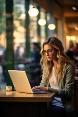 Fototapeta premium A young woman working on her laptop at a coffeehouse. Generative AI