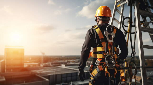 Work on high-altitude equipment. Worker fall arrest device with safety belt hooks. ai generative