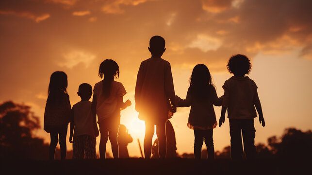 rear view of a group of children against the backdrop of sunlight. ai generative