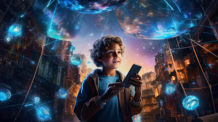 illustration of a young boy with a mobile device and a fantasy cyberspace world - obrazy, fototapety, plakaty
