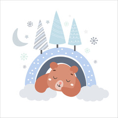 Cute cartoon bear cub sleeps in a den in winter. Children's simple print. Vector graphics.