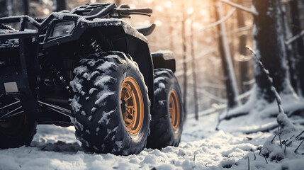 front view of ATV in winter forest. ai generative - obrazy, fototapety, plakaty