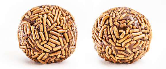 chocolate bonbon called Brigadeiro, traditional sweet from Brazil with white isolated background