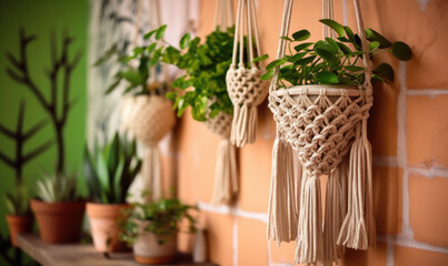 Fototapeta na wymiar stylish boho macrame design for hanging plants on the walls at home
