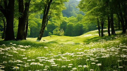  a lush green forest filled with lots of trees and white flowers.  generative ai
