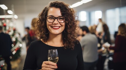 Beautiful and smiling business woman is celebrating with a glass of champagne in her hand. Concept of triumph, success, achievement, holidays, Christmas and New Year. Generative AI - obrazy, fototapety, plakaty