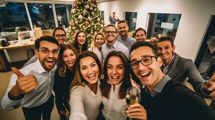 Group of young coworkers toasting and taking a selfie at an office party. Concepts for dinners or business lunches at Christmas. Generative AI - obrazy, fototapety, plakaty