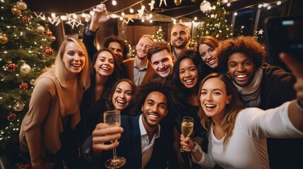 Group of young coworkers toasting and taking a selfie at an office party. Concepts for dinners or business lunches at Christmas. Generative AI