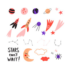 Vector illustration with cute space set. Bright colors design elements with stars, planets and spaceships.