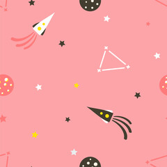 Seamless vector pattern with rockets, planets and stars. Vector illustration on pink background.	
