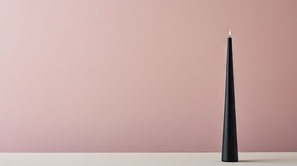  a tall black candle sitting on top of a white table.  generative ai