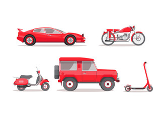 Vector illustration with red vehicles isolated on white background. Car, motorbike, scooter, electric scooter.