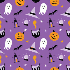 Vector seamless pattern with cute pumpkins and ghosts. Halloween design for fabric and paper, surface textures. Pastel colors design on purple background.