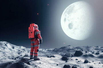A lone figure stands atop a rocky mountain, gazing up into the vastness of the starry night sky, their red space suit a testament to the wildness and beauty of the untamed wilderness