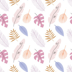 Vector seamless pattern with tropical leaves on white background. Modern design for fabric and paper, surface textures.	
