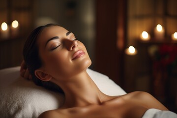 Young woman having face massage relaxing in spa salon. - obrazy, fototapety, plakaty