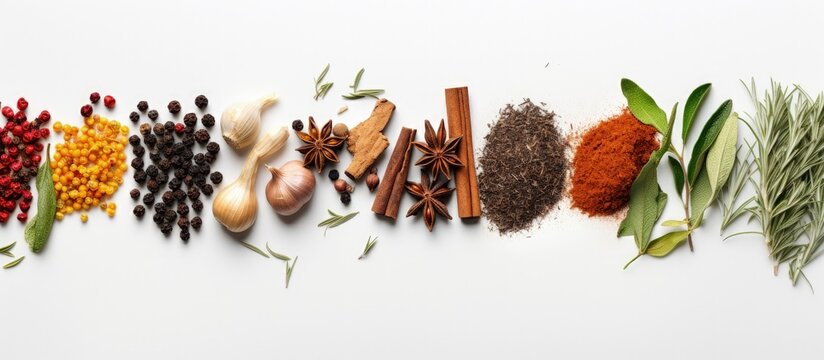 Top view of spices and herbs on a white background with copyspace for text