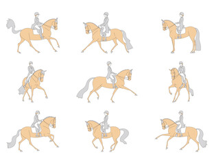 Equestrian dressage, riders on horseback perform different elements of the text, vector